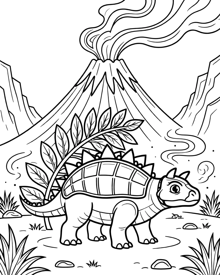 [Dinosaurs] an armored ankylosaurus peeking out from behind a giant fern near an active volcano puffing smoke in the distance, looking determined and brave, while volcanic smoke curls into the sky fills the surrounding area. Craggy cliffs frame the horizon in the distance. Set during a bright summer day, with dust kicked up by the wind, the page bursts with adventure and imagination.