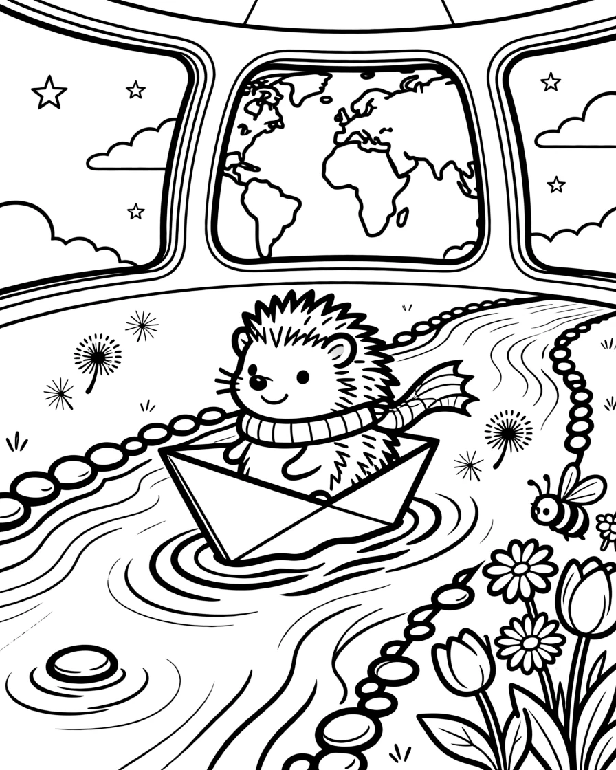 A spiky little hedgehog is sailing a folded paper boat down a gentle stream inside a space station with a view of Earth. Scattered nearby, a curious bumblebee buzzing among the blooms and floating dandelion seeds catching the light give the moment a cozy feel.