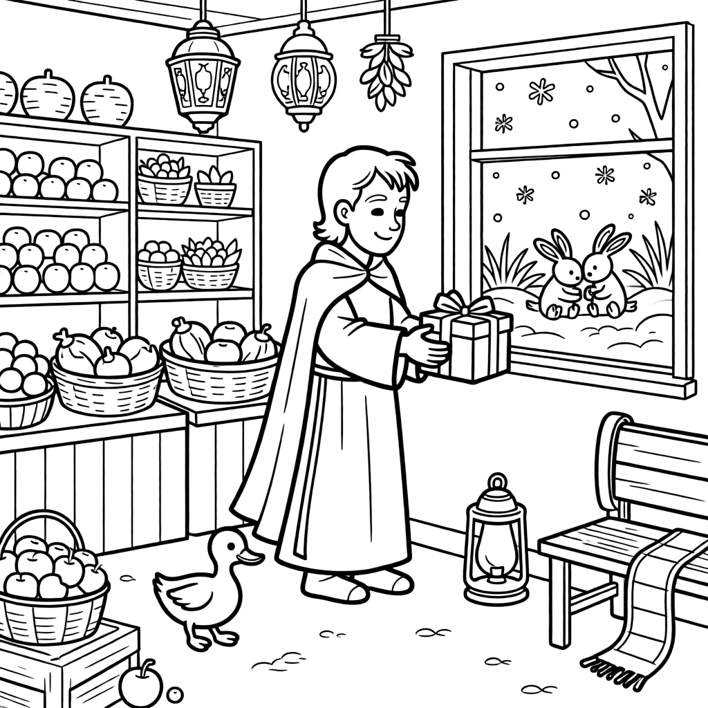 A kindly saint leaving gifts by a window in a bustling indoor market glowing with warm lights, with a waddling duckling playing close by amid a lantern glowing softly in the snow and a family of snow-covered rabbits.