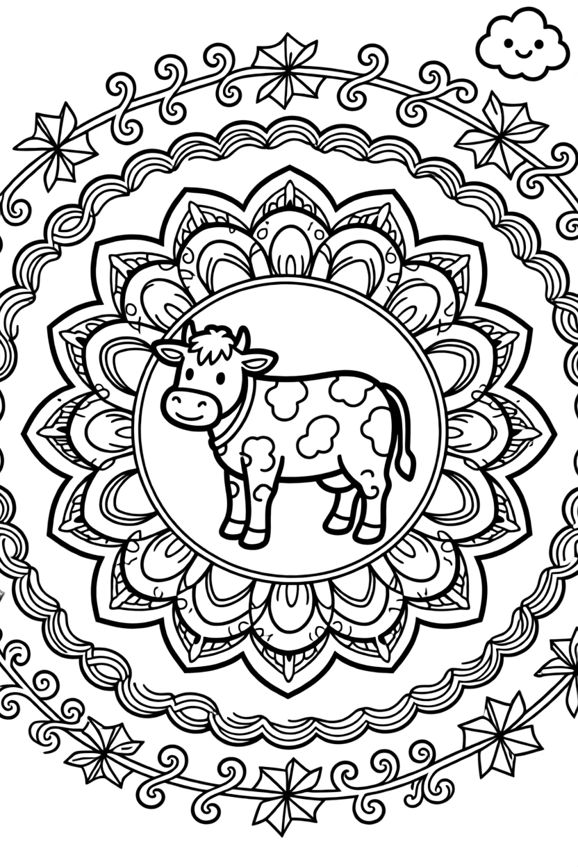Farm Animals: The main subject is a cow with rounded spots across its back, drawn as the focal point of a layered rosette mandala with overlapping round petals. It is placed dead center, with the surrounding rings mirrored perfectly across every direction. Decorative details fill the surrounding space, including swirling vine tendrils, rows of curling wave shapes, and pinwheel blades spinning in place woven throughout the background. A playful extra touch completes the page: a small round cloud with a friendly face tucked into a corner.