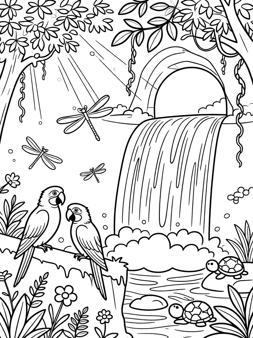 [Waterfalls] A pair of colorful macaws perch on a mossy ledge overlooking a thundering waterfall. Dragonflies hover above the spray as turtles rest on smooth stones nearby. A hidden cave sits behind the curtain of falling water, its entrance framed by hanging vines. Sunlight breaks through the canopy, sparkling on the mist rising from the crashing water.