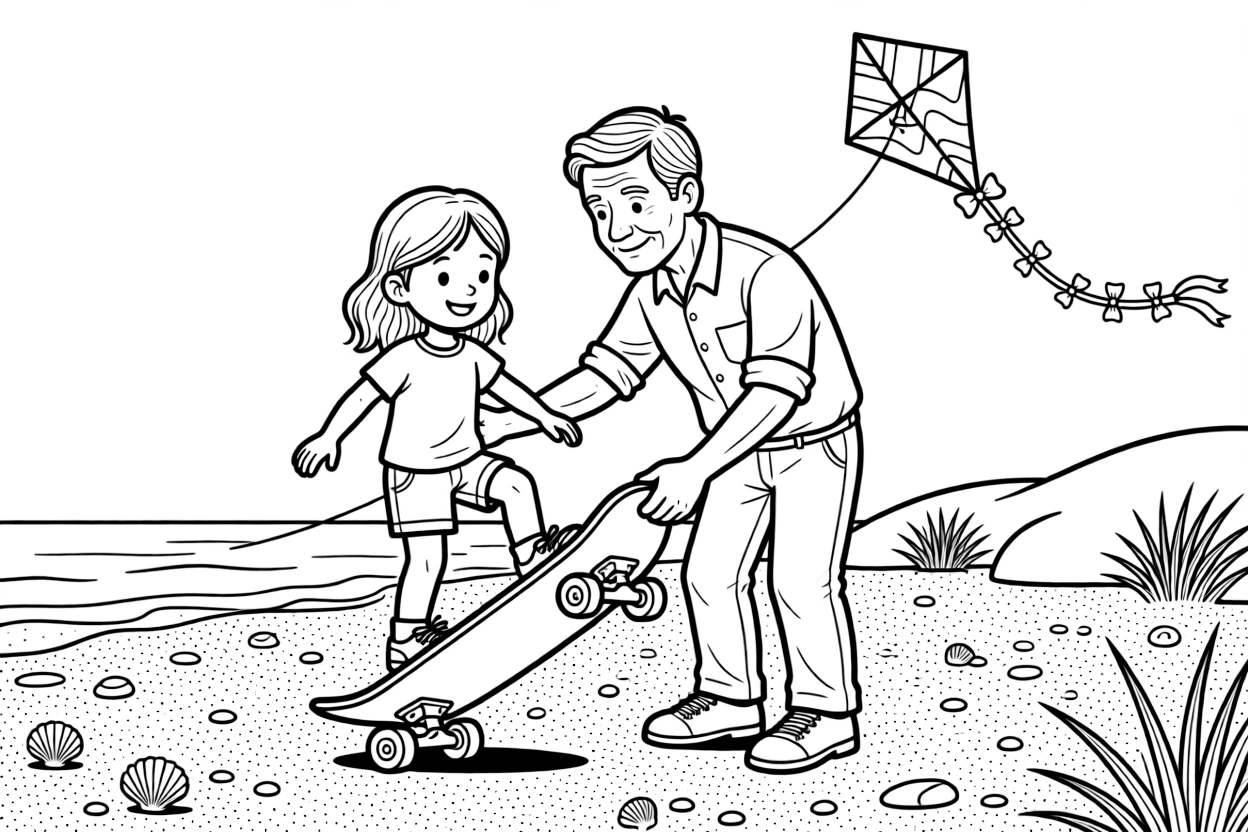 A little girl learning to skateboard with a grandfather at the beach with a kite dancing in the wind.