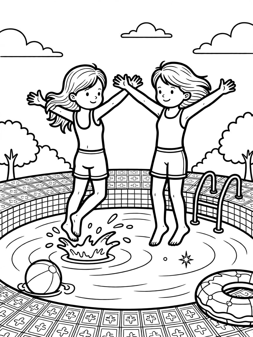 A pair of best friends, making a perfect splash-free entry into a sparkling swimming pool.