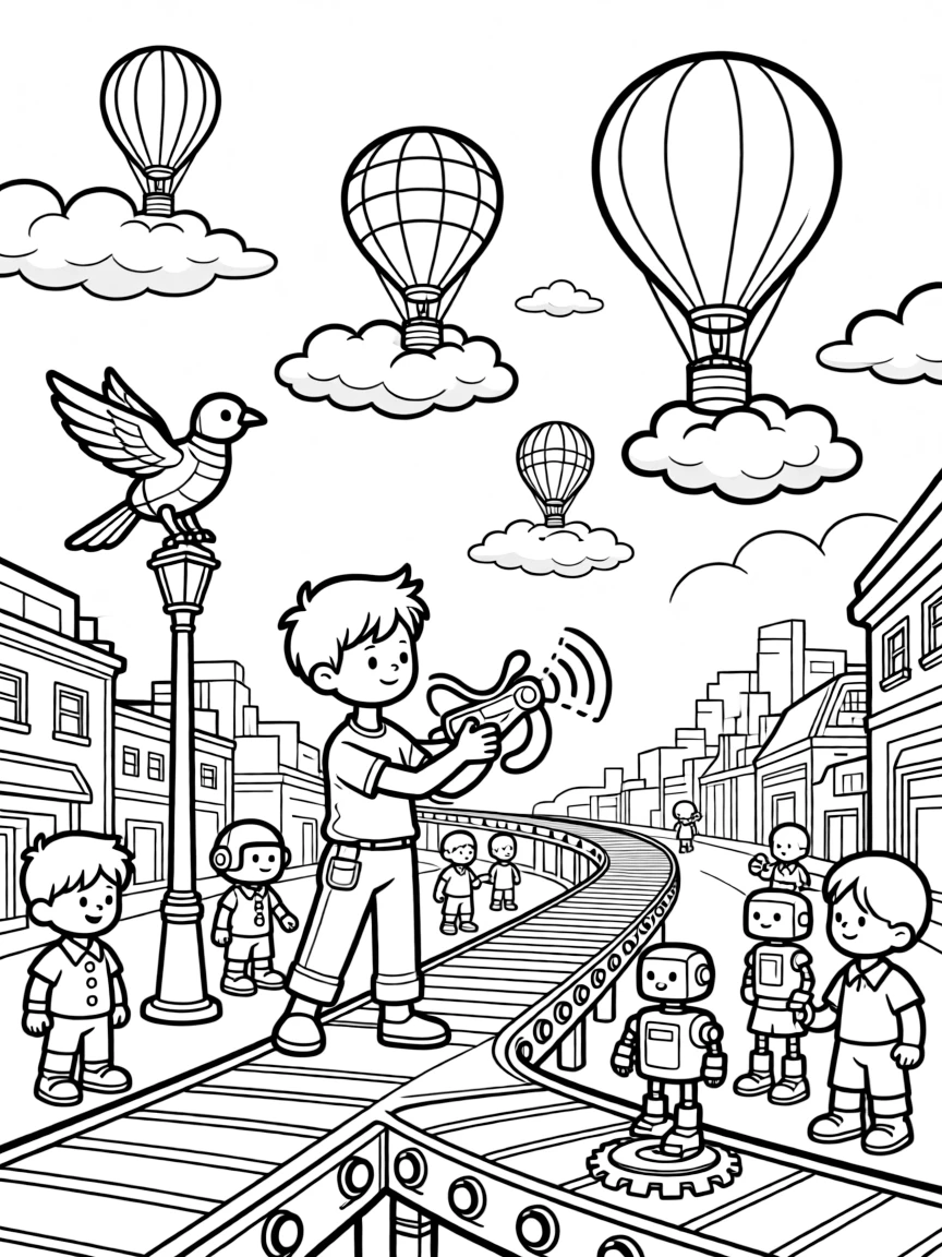 In a bustling robot city with conveyor-belt streets, inventor kid Glimmer testing a sound-wave slingshot guiding a hot-air balloon race between floating cloud cities, while a robotic bird perched on a lamp post adds to the excitement.