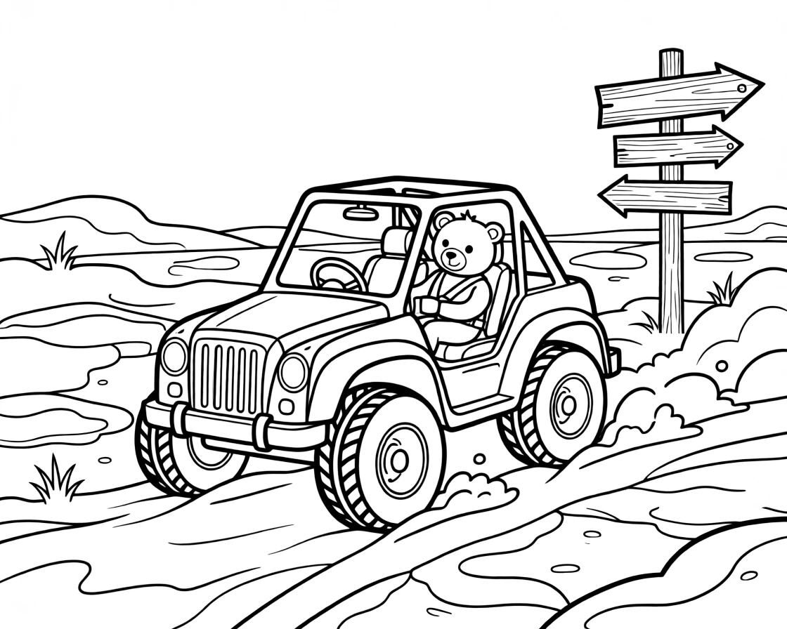 A dune buggy kicking up trails of sand takes center stage in an icy arctic field with drifting chunks of blue-white ice, where a teddy bear buckled safely into the passenger seat can be seen nearby, surrounded by an old wooden signpost pointing to faraway towns.