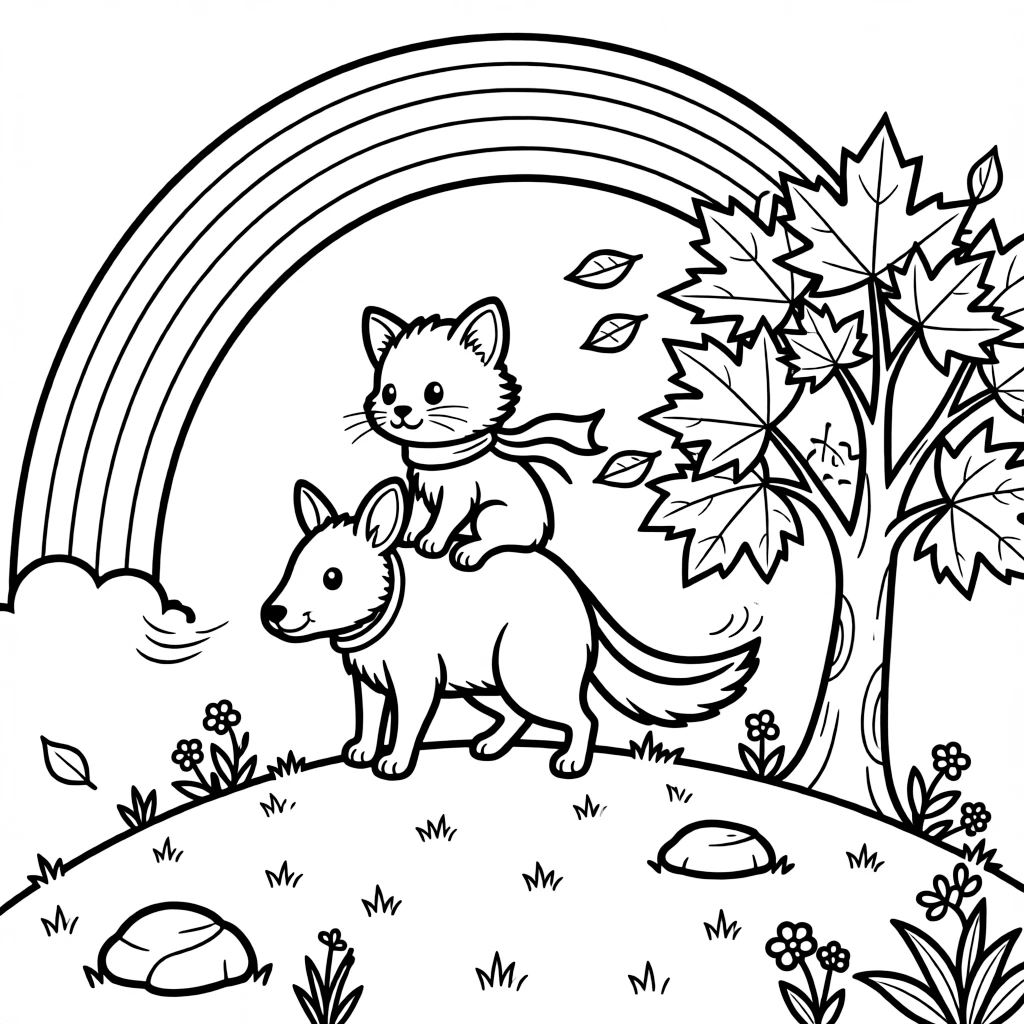 A curious kitten riding on the back of a bilby at the top of a windy hill, near a maple tree in autumn colors, while a rainbow arches overhead.