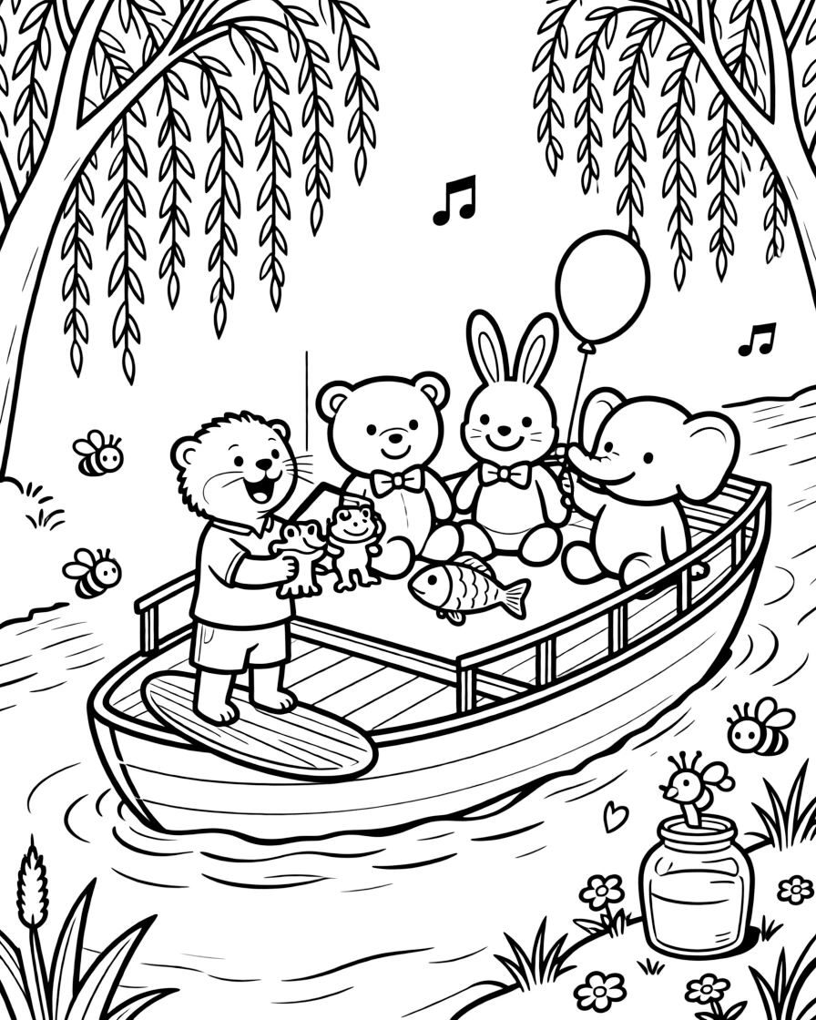 On a riverboat drifting past willow trees, a chirpy otter surfer discovers the joy of putting on a puppet show for stuffed animal friends, while a swarm of bees buzzing around a honey jar watches happily nearby. Warm smiles and happy cheers fill the scene.