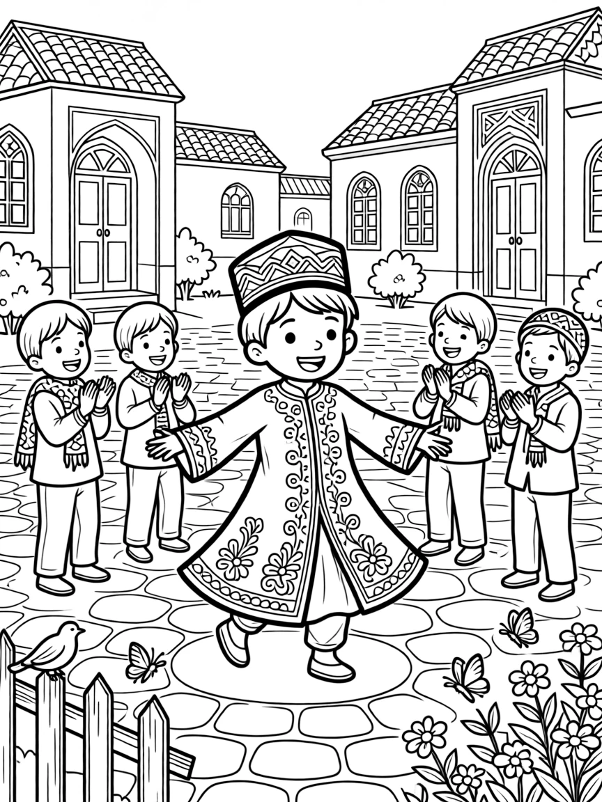 A coloring page from Uzbekistan showing a child wearing an embroidered silk robe with a tall tubeteika cap, twirling happily in a village square while friends look on and clap.