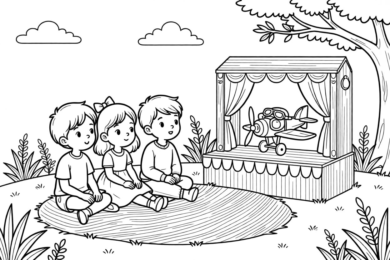 a shy group of three kids watches a puppet show reenacting the first flight of an airplane.