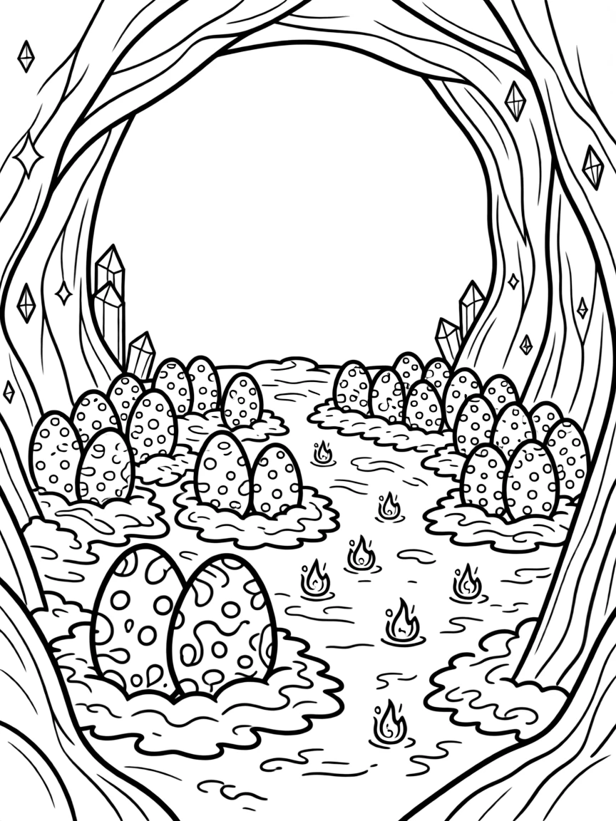 A dragon egg hatchery deep in a mountain cave glows warmly, dozens of speckled eggs nestled in soft ash and embers.