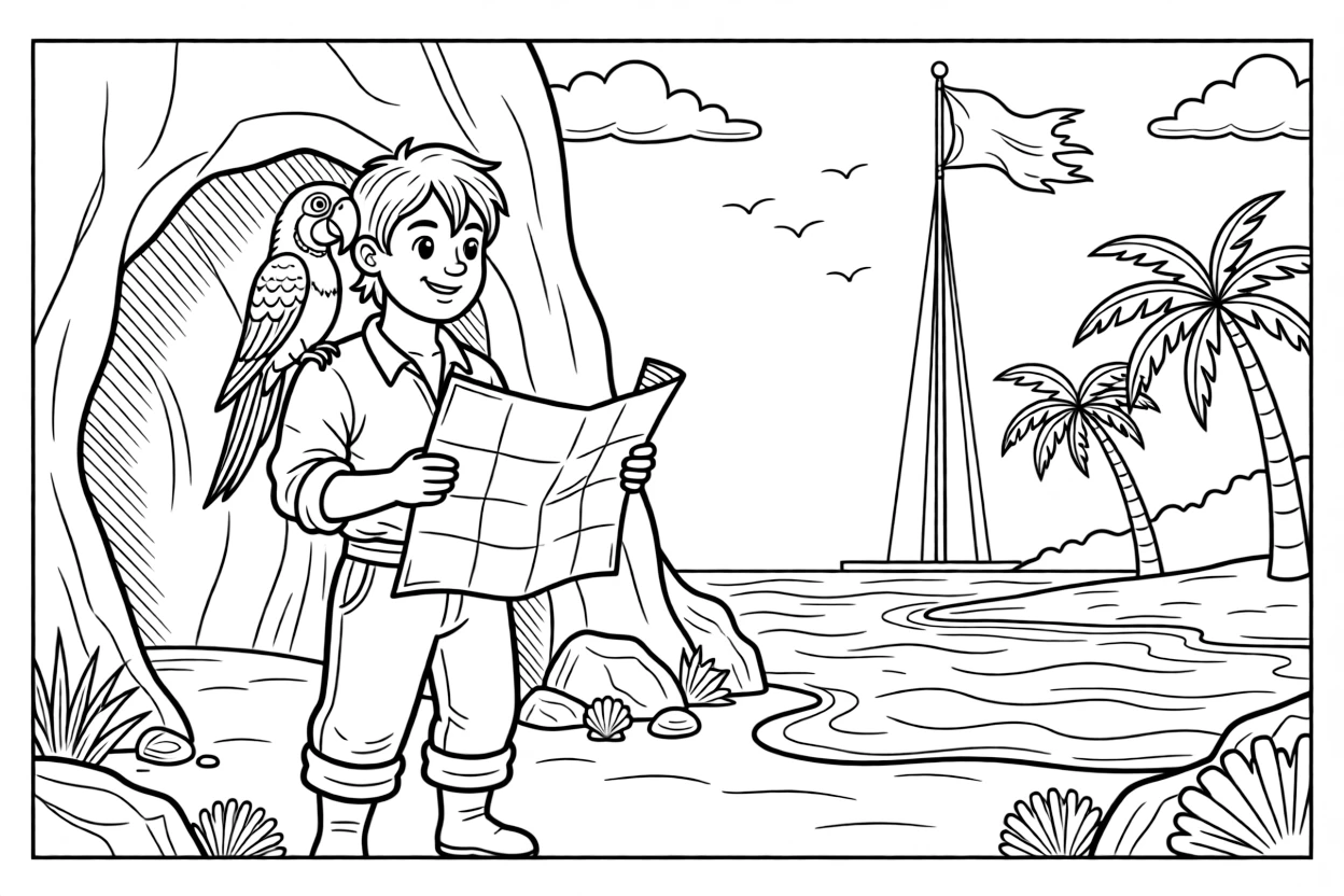 [Pirates] a pirate with a parrot on their shoulder studying an old treasure map near a rocky sea cave. In the background, palm trees sway along the shoreline, adding extra fun to explore. A weathered flag flutters from the mast. It all happens on a crisp autumn afternoon, under clear blue skies.