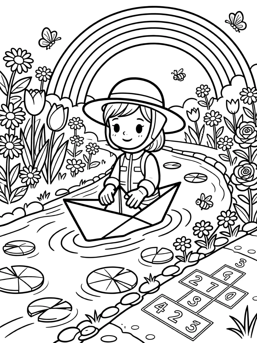 A girl beekeeper in a wide-brimmed veiled hat is sailing a folded paper boat down a gentle stream in a sunny flower garden bursting with blooms. Close by, a soft rainbow arching overhead and a hopscotch grid chalked onto the pavement bring the scene to life.