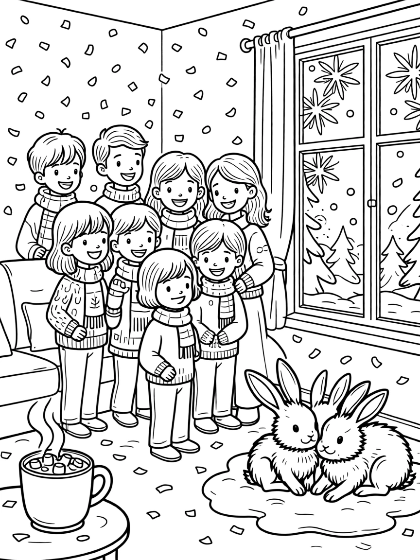 A close-up of confetti falling over a cheering crowd in a warmly lit living room with frost on the windows, surrounded by a steaming mug of cocoa with marshmallows and a family of snow-covered rabbits.