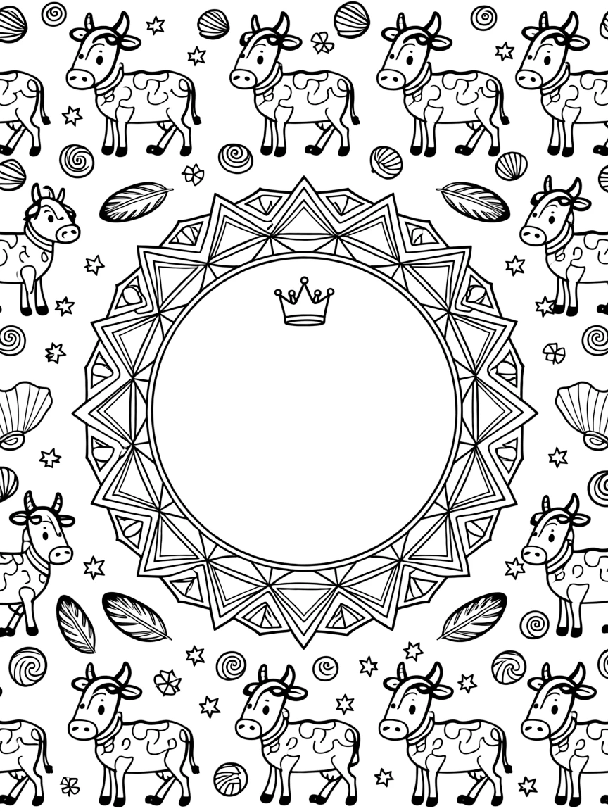 Farm Animals: The page centers on a repeating motif of a cow with rounded spots across its back, built around a crystal-facet mandala built from angular repeating shapes. The motif is shown marching in a repeating row all the way around the border of the page, framing an open medallion left blank in the center. Decorative details fill the surrounding space, including tightly coiled spiral shells, fan-shaped feather clusters, and tiny pinwheel stars woven throughout the background. A playful extra touch completes the page: a small crown resting just above the center of the design.