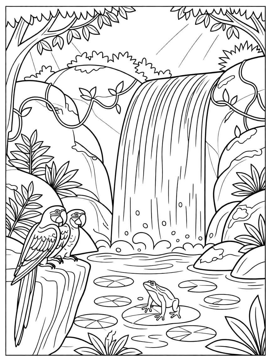 [Waterfalls] A pair of colorful macaws perch on a mossy ledge overlooking a thundering waterfall. A tiny frog hops across lily pads floating near the edge of the misty pool. Moss-covered boulders and tangled vines surround the base of the roaring waterfall. Late afternoon sun filters through the leaves, glinting off every droplet of spray.