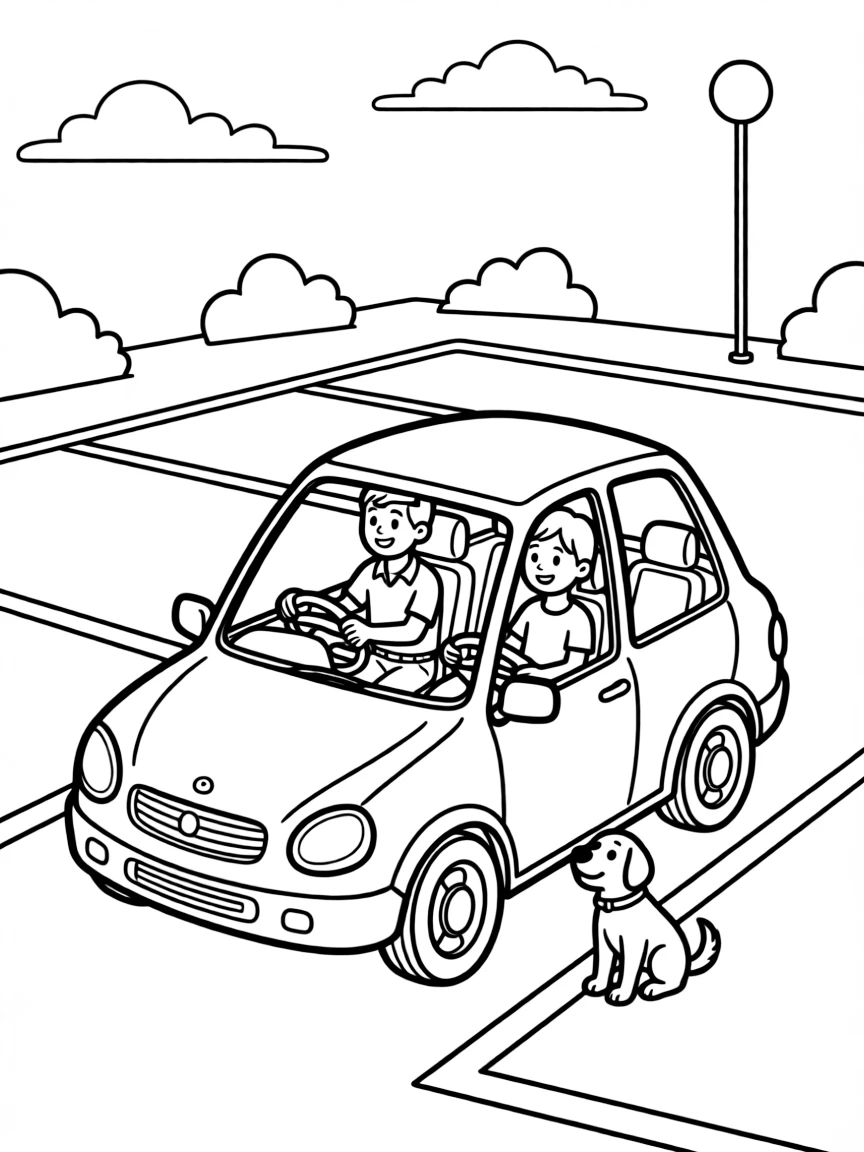 A driving instructor sits beside a nervous new driver practicing in a parking lot.
