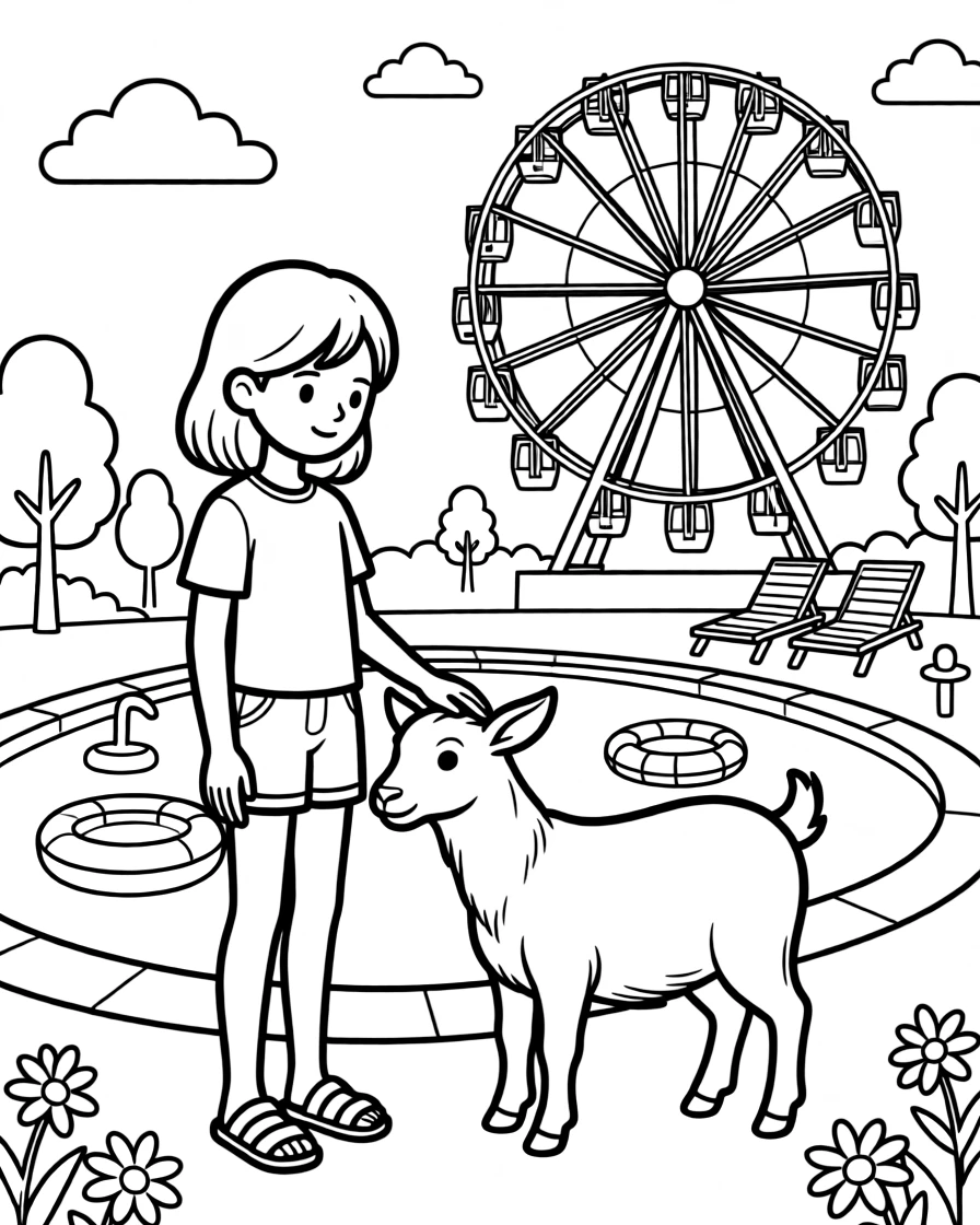 A confident preteen girl petting a friendly goat at the community pool while a ferris wheel spins in the distance.