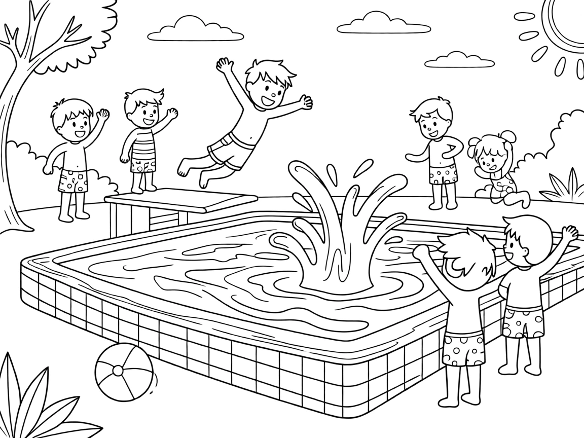 A team of neighborhood kids, practicing a cannonball off the low board, sending a huge splash into the air.