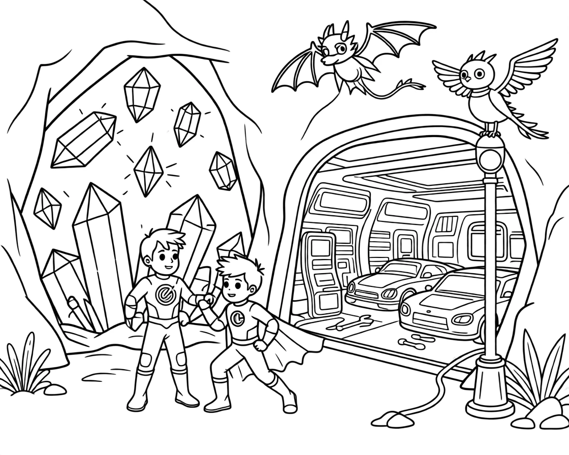 Twin superhero siblings Titan (gravity-bending) and Circuit (super-fast) discovering a cave full of singing crystals on an alien planet, in a workshop garage filled with half-finished hovercars, with a robotic bird perched on a lamp post and a kite shaped like a friendly dragon flying overhead nearby.