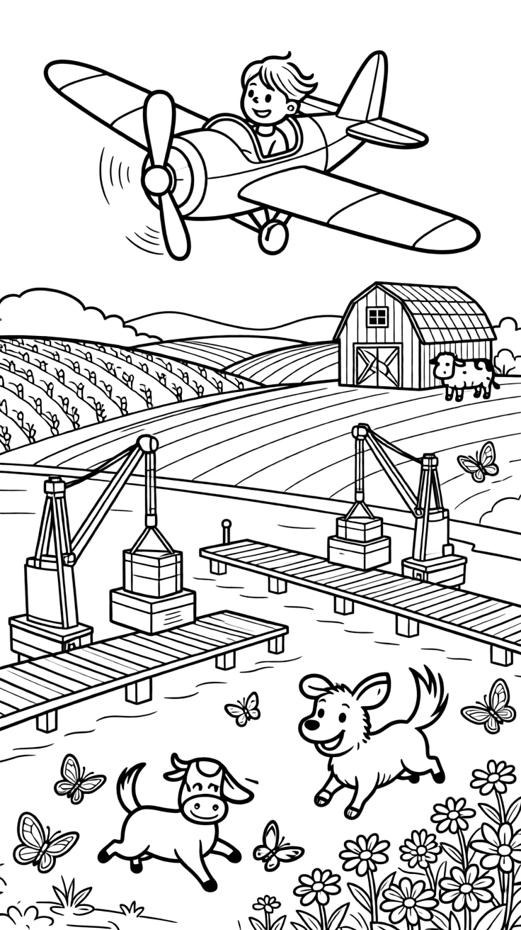 A small propeller plane buzzing over a farm is shown journeying through a busy harbor lined with docks, cranes, and stacked crates, with a friendly dog with its ears flapping in the wind close by and butterflies fluttering near a patch of wildflowers completing the lively scene.