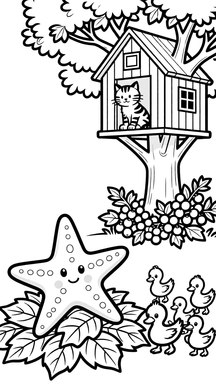 A starfish jumping in autumn leaf piles with a barn cat in a treehouse among the branches, near a berry bush, with a family of ducklings following behind.