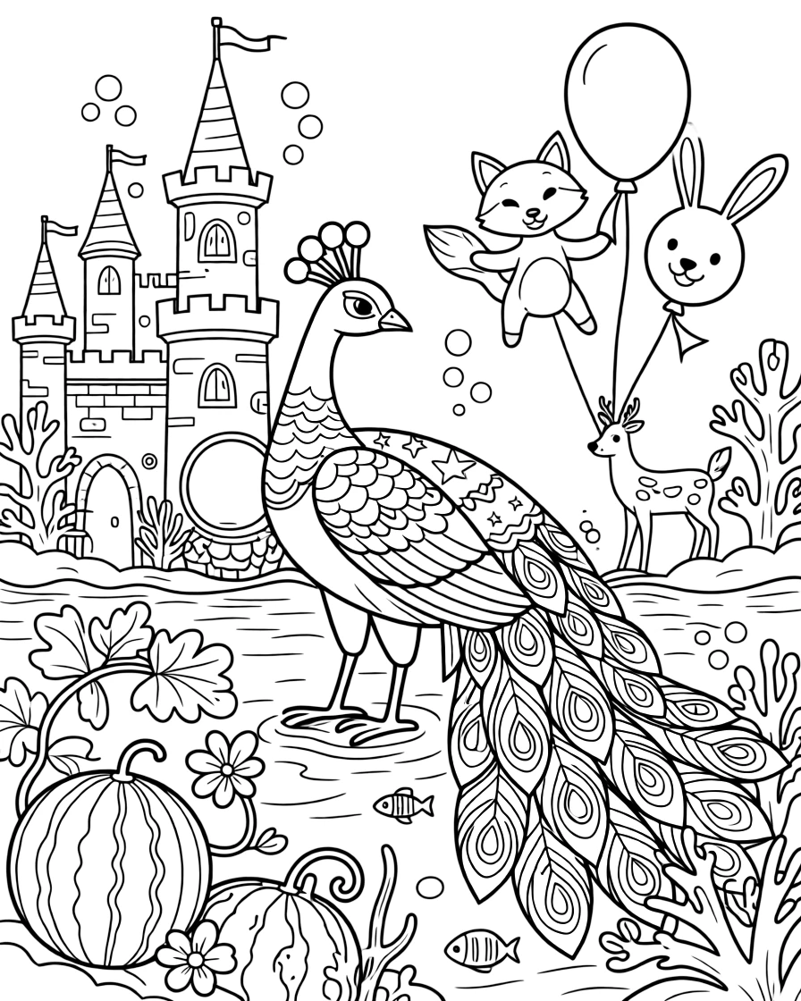 Sturdy and full of excitement, a peacock royal herald spends the day growing a garden of giant, striped watermelons in an underwater castle built from coral and pearls. Nearby, balloons shaped like friendly woodland animals adds to the fun. It's a perfectly wonderful, magical moment.