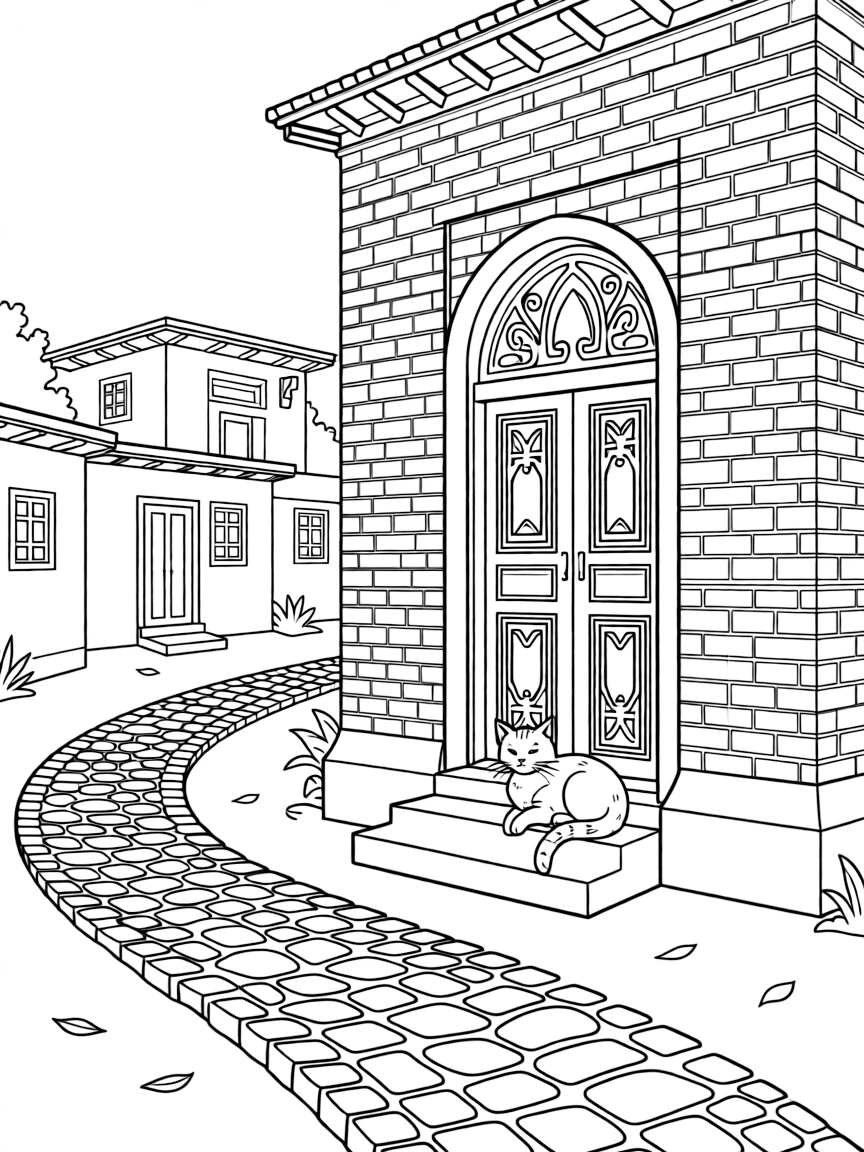 A coloring page from Uzbekistan showing a mud-brick house with a carved wooden door in an old Silk Road city, surrounded by neighboring buildings, a cobblestone path, and a friendly cat resting on a step.