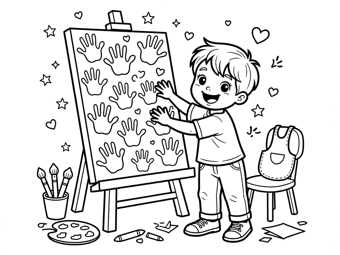 a wide-eyed small child presses handprints in different colors of paint onto a large canvas.