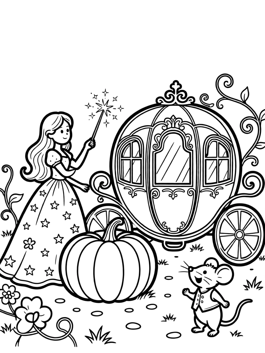 A fairy godmother waves her wand over a pumpkin, transforming it mid-sparkle into a grand carriage for a delighted young mouse.