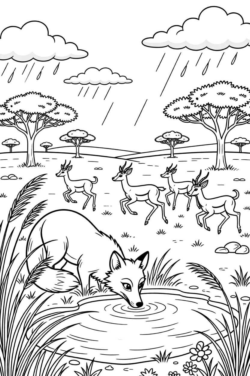 [Wild Animals] a clever red fox drinking from a watering hole among tall grasses under a wide sky, looking determined and brave, while a herd of gazelles bounds across the plain fills the surrounding area. Acacia trees dot the wide open landscape. Set just after a rainstorm, with fluffy clouds drifting overhead, the page bursts with adventure and imagination.