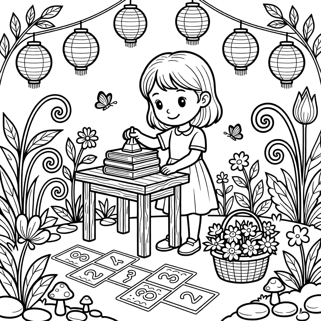 A girl librarian stamping a stack of books is hanging paper lanterns for an evening celebration inside a wizard's garden glowing with enchanted plants. Scattered nearby, a basket brimming with fresh flowers and a hopscotch grid chalked onto the pavement add a playful, cheerful touch.