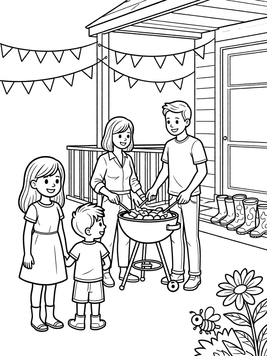 A big sister and her little brother admiring a family enjoying a backyard barbecue with flags on a porch decorated with pastel banners, near a row of rain boots by the door and a bee buzzing near a blossom.