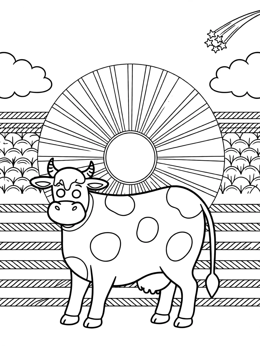 Farm Animals: The page presents a small themed scene built around a cow with rounded spots across its back, tied together by a sunburst mandala with rays spreading evenly outward. The scene is placed in the center of a small symmetrical scene, with matching background details balanced evenly on both sides. Decorative details fill the surrounding space, including rounded puffy cloud shapes, rows of scalloped fan shapes, and bands of braided rope shapes woven throughout the background. A playful extra touch completes the page: a small cluster of shooting stars tucked into one corner.