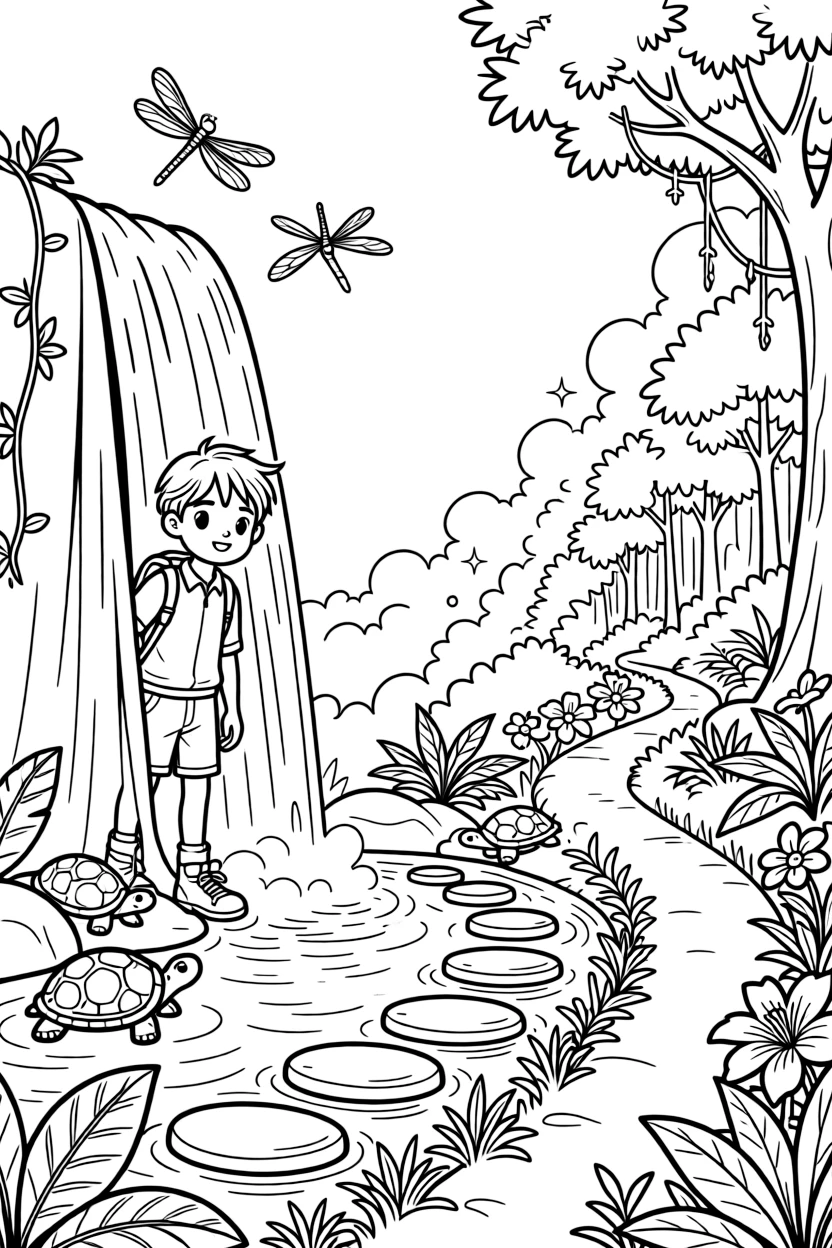 [Waterfalls] A brave young explorer stands behind a curtain of falling water, peeking out at a hidden jungle path. Dragonflies hover above the spray as turtles rest on smooth stones nearby. Smooth stepping stones cross the pool below, leading toward a path lined with tropical flowers. Sunlight breaks through the canopy, sparkling on the mist rising from the crashing water.
