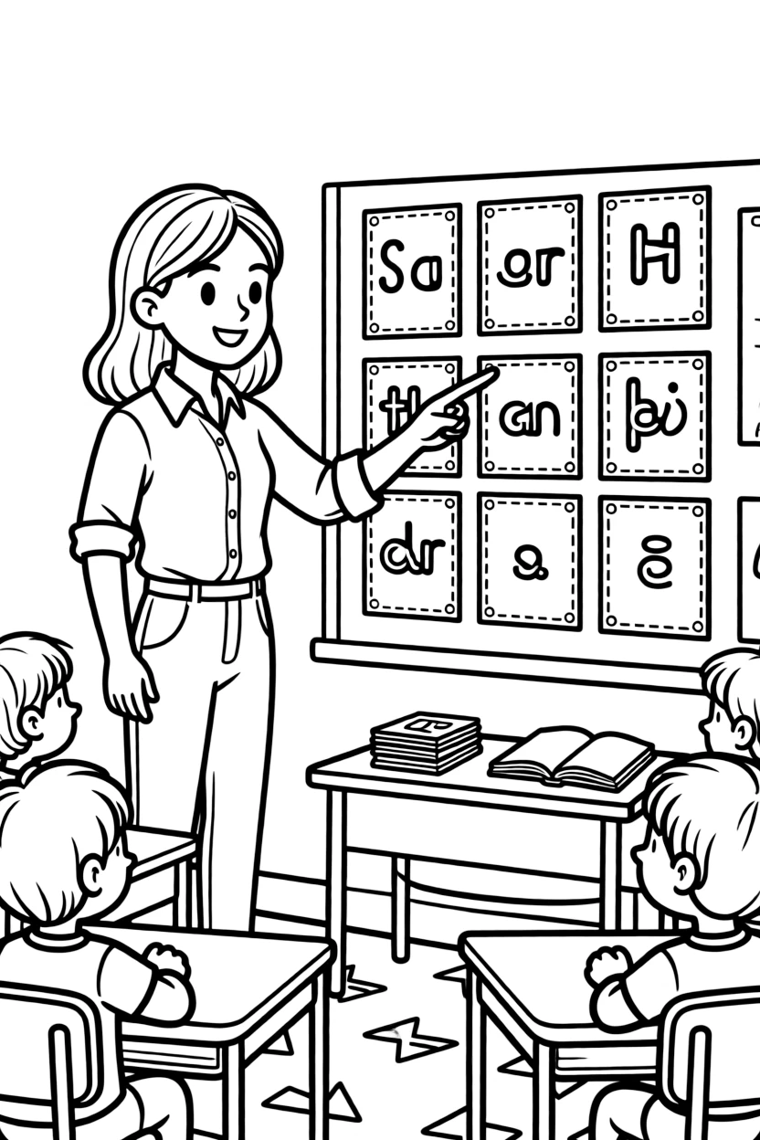 A language teacher points to flashcards with words in another language.