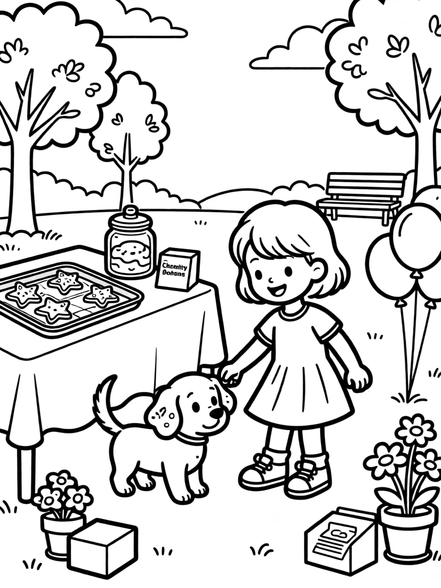 A little sister picking out a new puppy to adopt at a charity bake sale as star-shaped cookies cool on a tray.