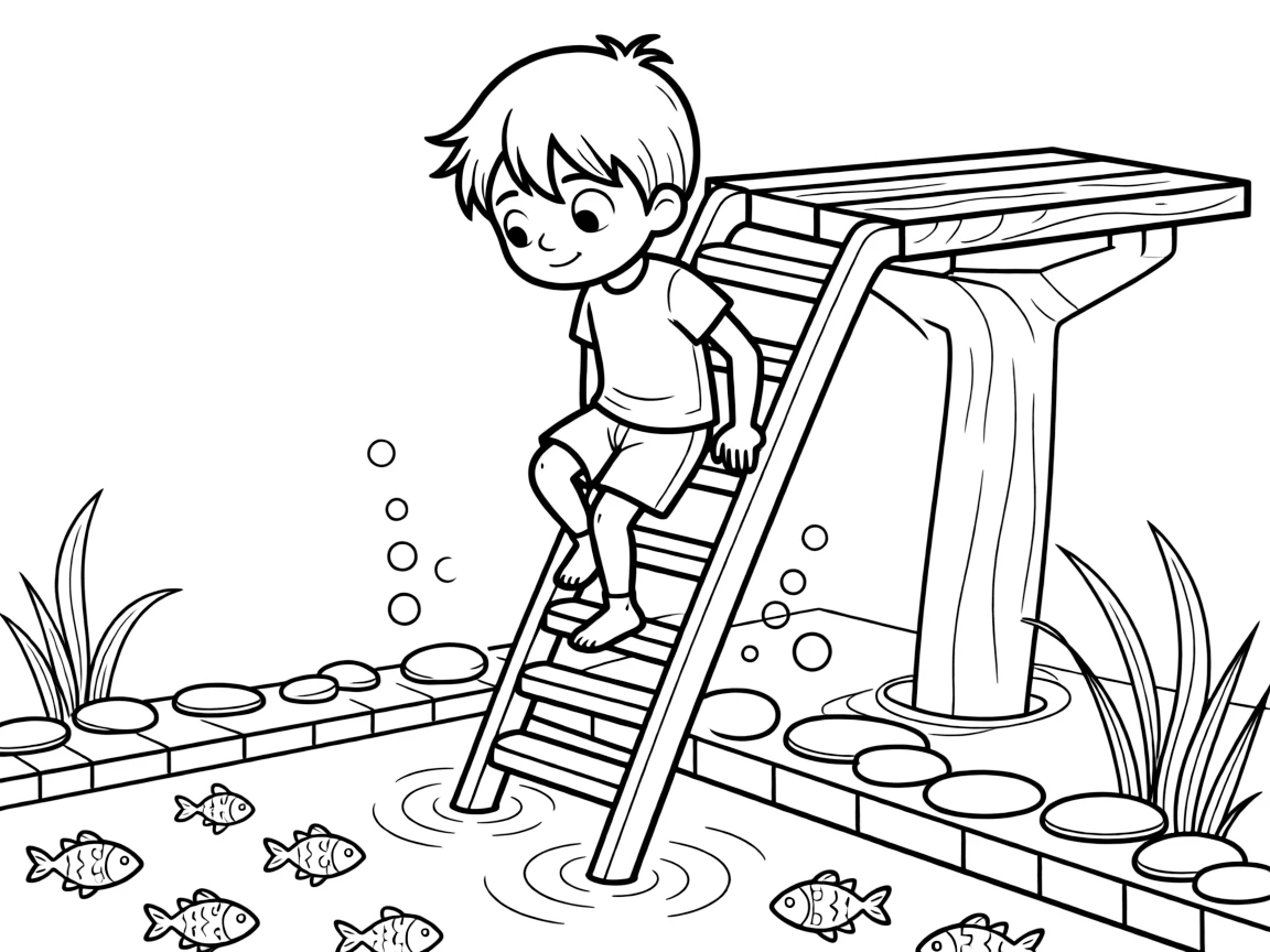 A shy new student, climbing the ladder back to the diving board for another turn.