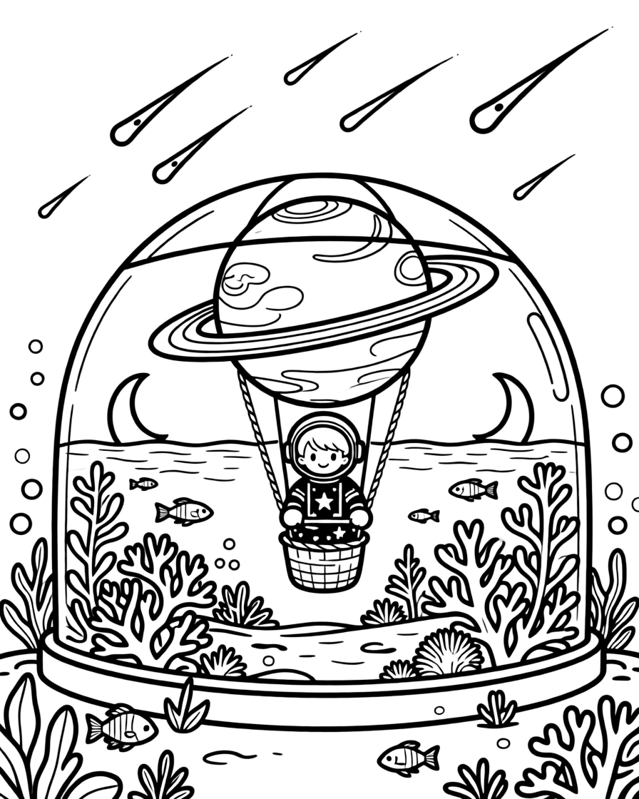 In an underwater dome city surrounded by coral reefs, Explorer Zephyr, a young space explorer in a starry spacesuit steering a hot-air balloon shaped like a planet through a meteor shower, while a pair of moons rising over the horizon adds to the excitement.