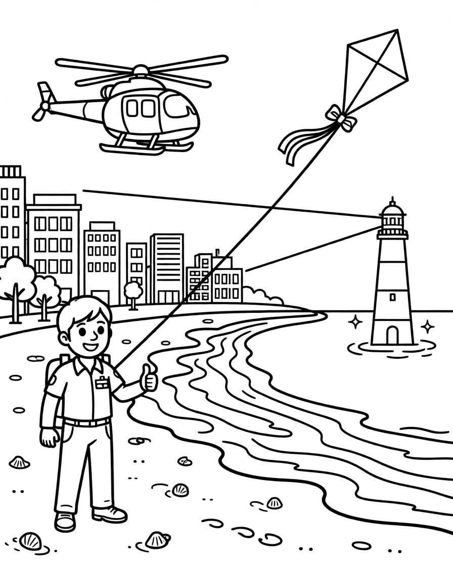 In this scene, a police helicopter circling above a city block is the star of a sunny sandy beach where waves roll onto the shore, joined by a smiling paramedic giving a thumbs up, with a kite dancing in the breeze above and a lighthouse beam sweeping across the water scattered throughout for kids to color.
