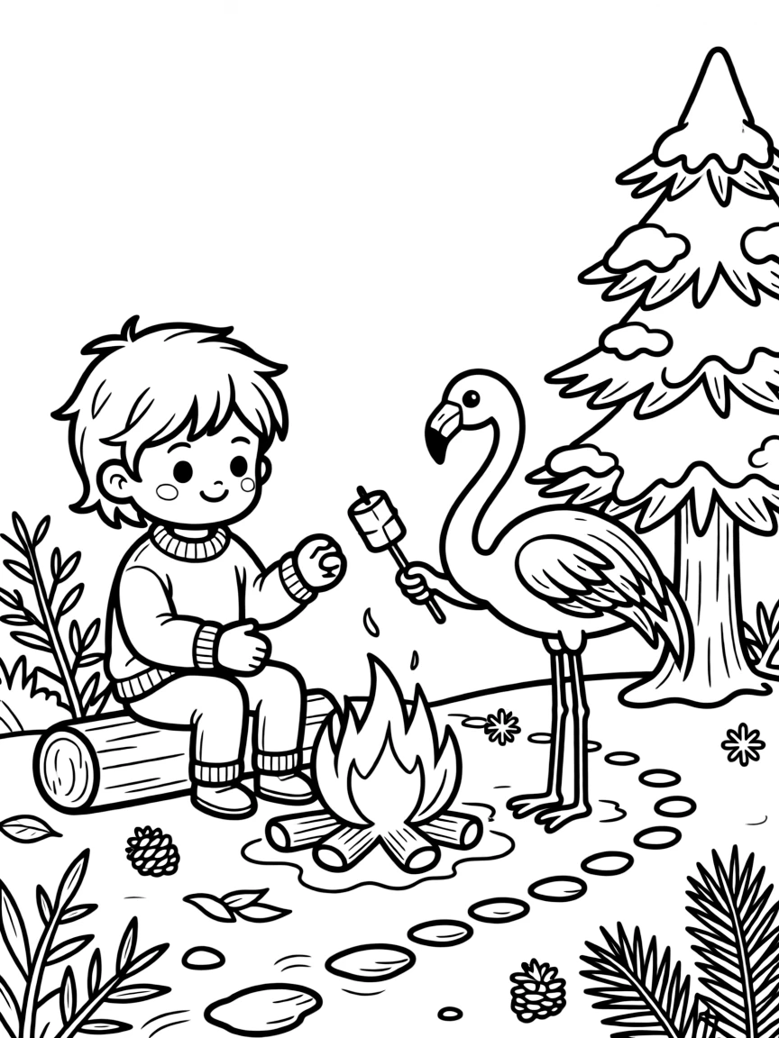 A starfish in a snowy pine forest, roasting marshmallows by a campfire with a flamingo, next to a snow-covered pine tree, with a trail of tiny footprints in the mud.