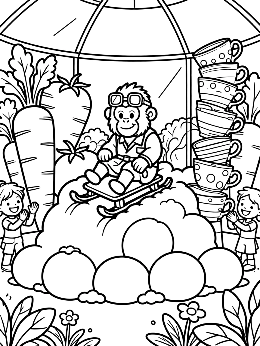 A bright-eyed orangutan inventor takes a break from adventures to try sledding down a mountain made of marshmallows at a space station greenhouse growing giant vegetables, with a wobbly tower of stacked teacups close behind. Everyone claps and cheers at the happy sight.