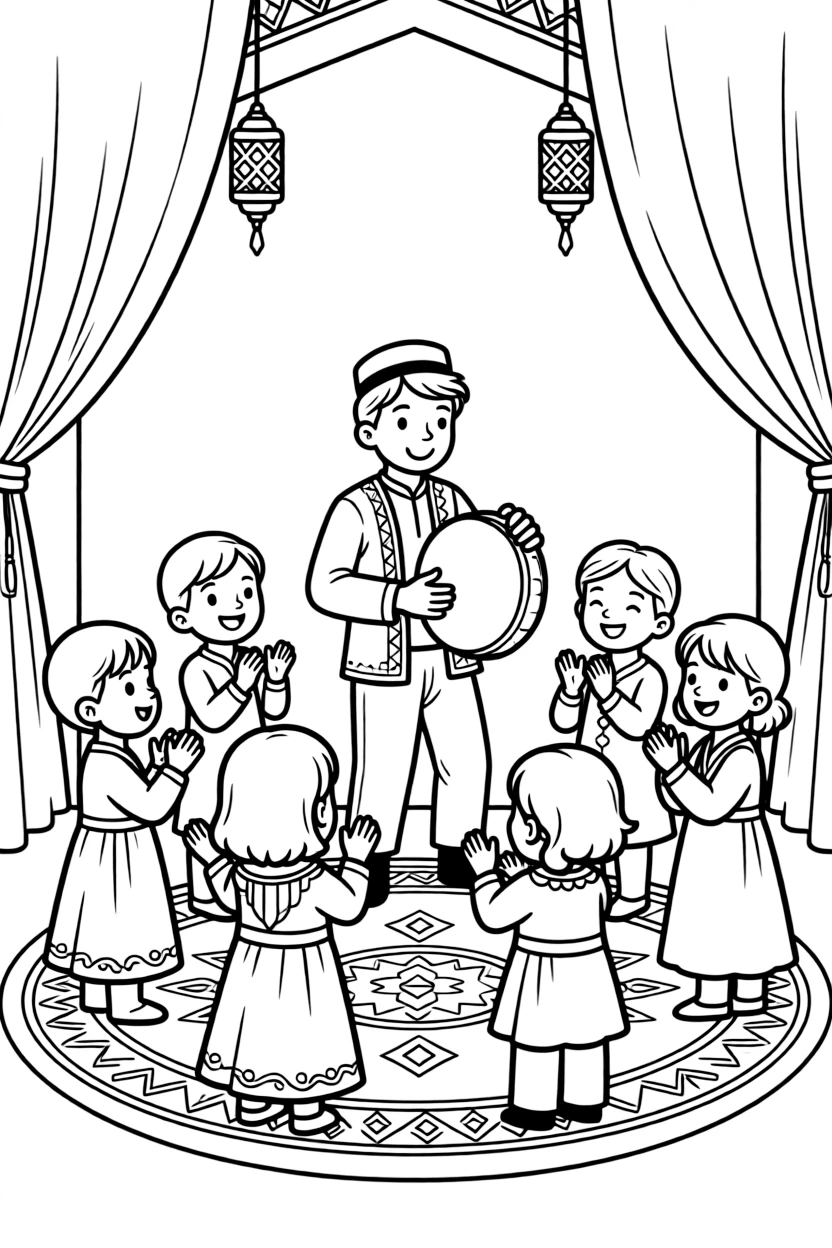 A coloring page bursting with rhythm from Uzbekistan, showing musicians playing the doira hand drum at a wedding celebration, with an audience of clapping children gathered around in a circle.