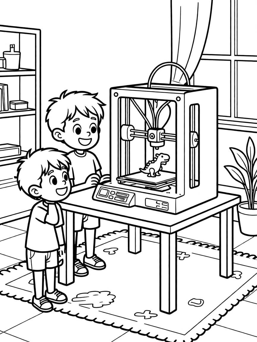 curious twin brothers 3D prints a tiny toy dinosaur, watching it build layer by layer.