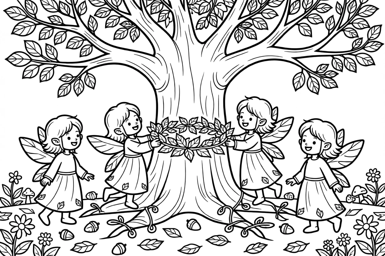 A group of forest sprites weave a crown of autumn leaves for the oldest tree in the woods on its birthday.