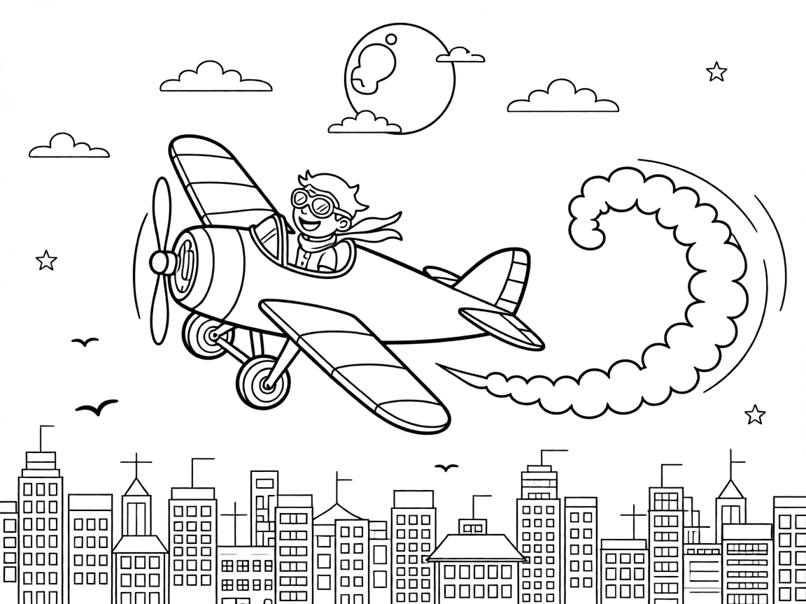 [Airplanes] a sleek stunt biplane looping through the sky over a sprawling city skyline, laughing joyfully. Nearby, a trail of white smoke swirls behind the plane. Sunlight glints off the metal wings. The scene is captured under a full moon, under clear blue skies, giving the page a lively and adventurous feel that invites plenty of colorful detail.