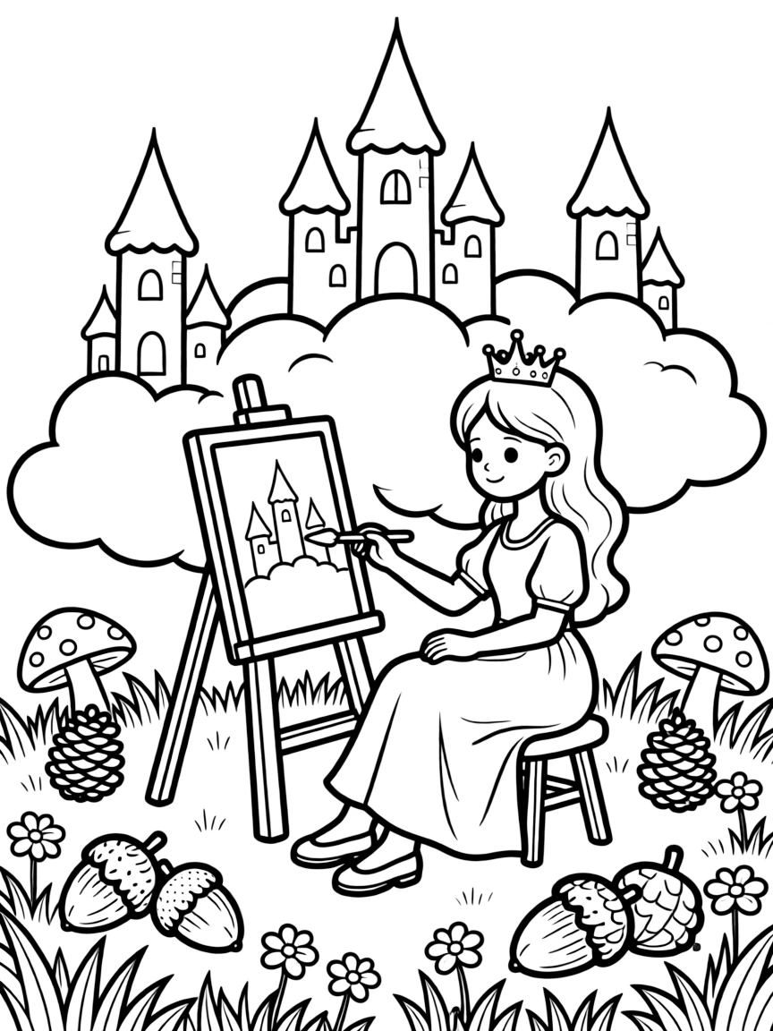 A young queen with a small sparkling crown is painting a picture on a wooden easel inside a cloud kingdom with fluffy castle towers. Close by, a cluster of acorns and pinecones scattered about and tiny mushrooms with spotted caps peeking through the grass fill the page with charm.