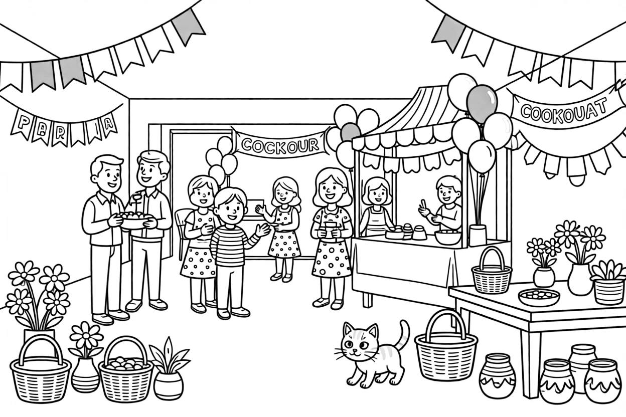 A community cookout with balloons in red, green, and gold inside a home decorated from floor to ceiling for the occasion, with a curious kitten playing close by amid a display of handmade crafts and balloons tied to a festive booth.