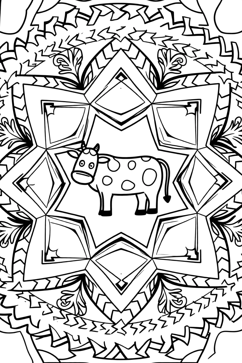 Farm Animals: The design turns a cow with rounded spots across its back into a kaleidoscope-style composition anchored by a hexagon-based mandala built from six matching wedges. The imagery is split into four mirrored quadrants that meet at the center, each quadrant a rotated echo of the next. Decorative details fill the surrounding space, including curling fern-frond shapes, ribbons folded into gentle zigzags, and rows of arrow-shaped chevrons woven throughout the background. A playful extra touch completes the page: a little snail resting quietly on one of the larger shapes.