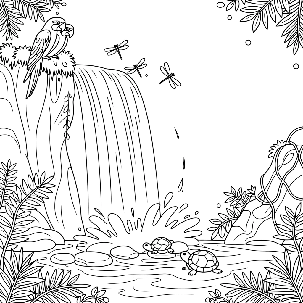[Waterfalls] A pair of colorful macaws perch on a mossy ledge overlooking a thundering waterfall. Dragonflies hover above the spray as turtles rest on smooth stones nearby. Moss-covered boulders and tangled vines surround the base of the roaring waterfall. Late afternoon sun filters through the leaves, glinting off every droplet of spray.