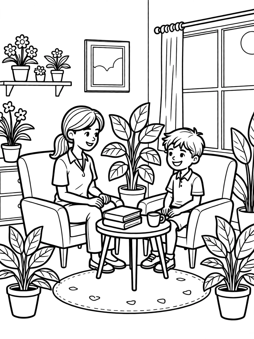 A school counselor talks kindly with a student in a cozy office with plants.